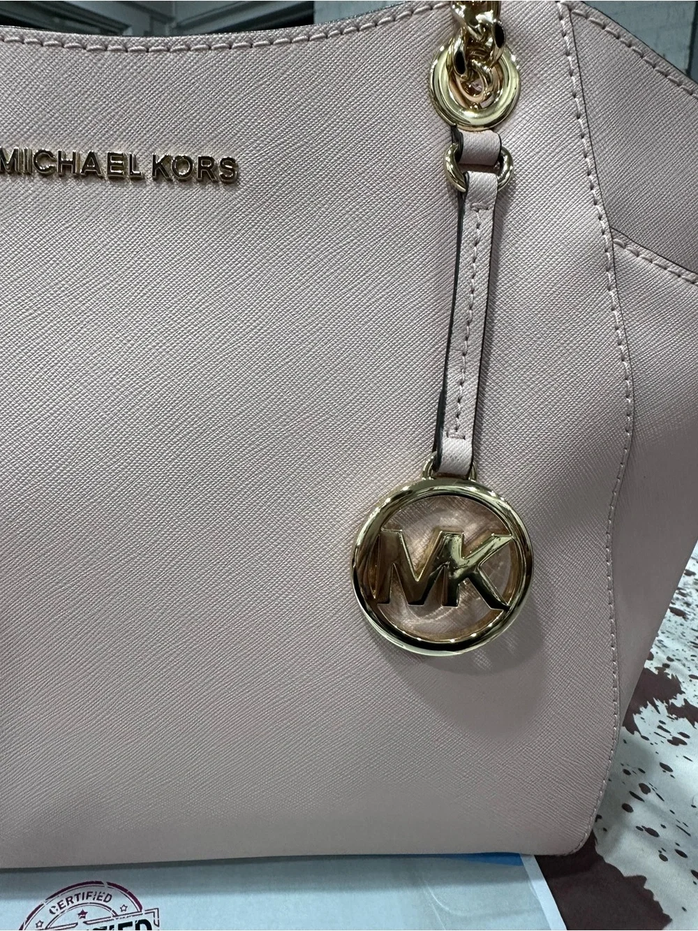 Michael Kors Blush Pink Leather Shoulder Tote with Gold Accent. COA